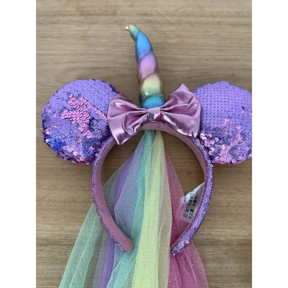 Disney Parks Minnie Mouse Unicorn Sequin Ears Headband Rainbow Veil Purple Pink